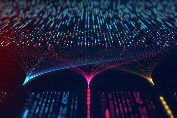 Digital data streams in blue, pink, and orange converging from scattered bright points on a dark grid.