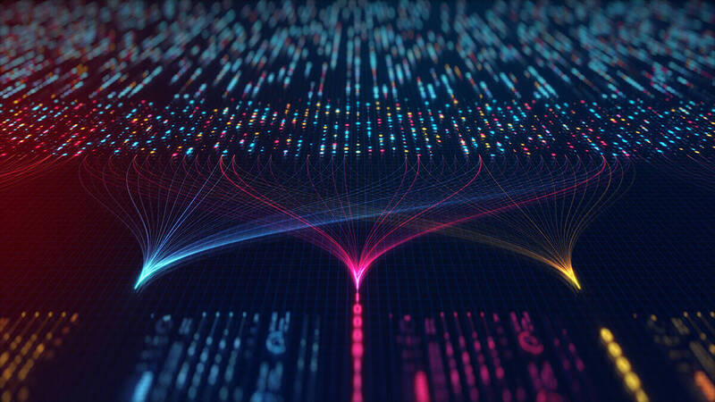 Digital data streams in blue, pink, and orange converging from scattered bright points on a dark grid.