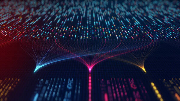 Digital data streams in blue, pink, and orange converging from scattered bright points on a dark grid.