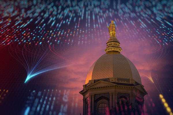 Notre Dame's Golden Dome and Blessed Mother statue at sunset, with blue data streams and colorful digital particles.