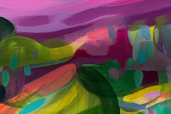 Abstract painting with vibrant, sweeping organic shapes in pink, purple, green, yellow, and coral.
