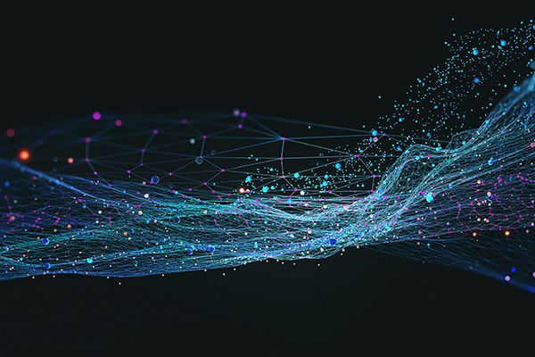 Abstract network of glowing blue, teal, and purple lines connecting bright points on a dark background.