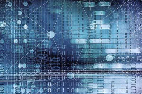 Blue digital network of interconnected nodes and lines over binary code.