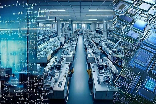 Mathematical equations, a modern manufacturing line, and a close-up glowing blue circuit board.