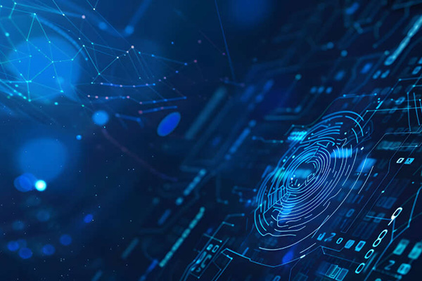 Glowing blue fingerprint graphic on a dark circuit board with abstract digital network connections.