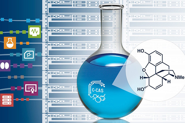 Blue liquid in a flask with C-CAS. A magnified morphine chemical structure shown with process icons and server racks.