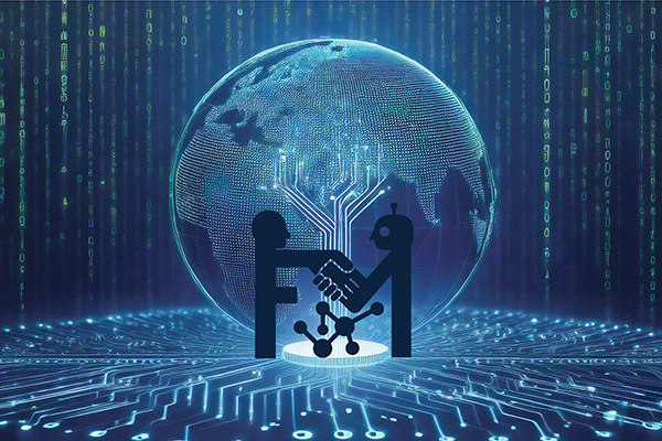 Stylized human and robot shaking hands over a molecule and glowing circuit tree, against a digital globe and binary code.