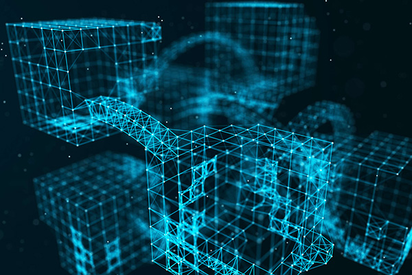 Blue glowing wireframe cubes, interconnected by lines and dots, creating an abstract digital network.