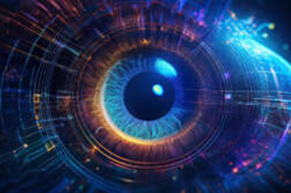 A close-up of a vibrant blue human eye with a black pupil, surrounded by glowing digital circuits and lines in blues, purples, and oranges.