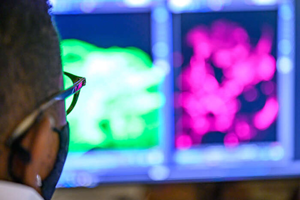 Person with glasses views two screens displaying blurry green and magenta shapes, suggesting scientific visualizations.
