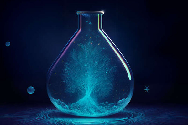 Luminous blue, intricate branched structure inside a clear Erlenmeyer flask. Glowing blue patterns surround its base.