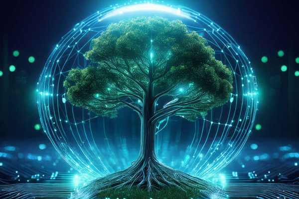 Green tree with prominent roots, enveloped by a glowing blue digital network and circuitry.