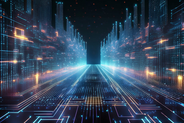 A vibrant digital cityscape with towering blue light structures and glowing orange and blue circuit pathways.