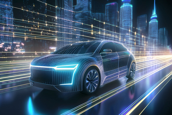 A futuristic car, outlined in glowing blue lines, drives on a data-stream highway through a neon-lit city.