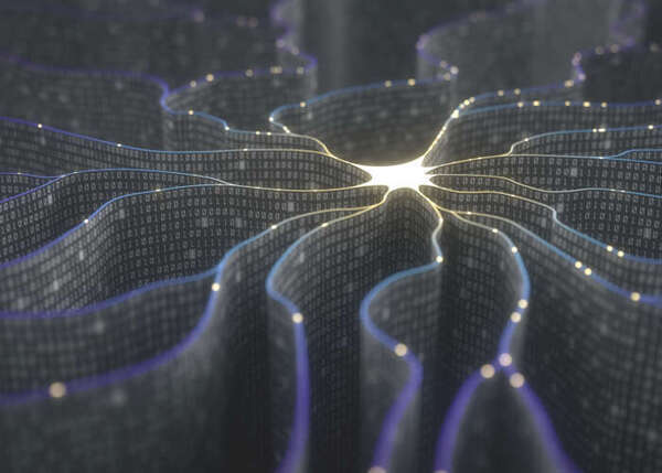 Undulating dark binary code surface with a central bright light radiating glowing yellow and blue data streams.