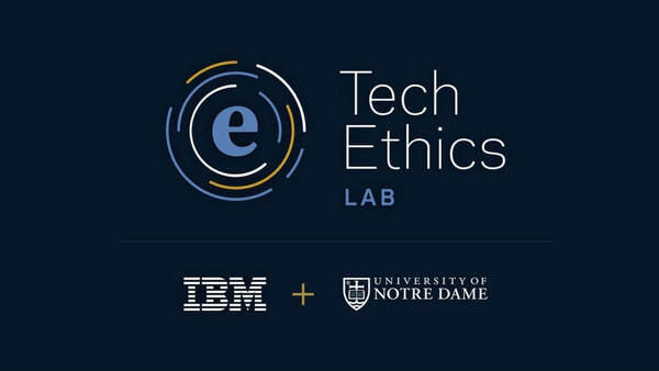 Tech Ethics LAB logo with a blue 'e' and circular elements. IBM and University of Notre Dame logos are below, connected by a plus sign.