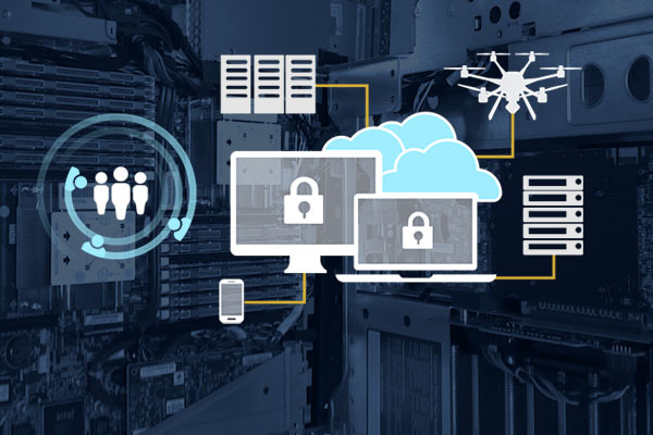Icons show secure digital infrastructure: cloud, servers, devices (laptop, monitor, phone), drone, and users, on hardware.