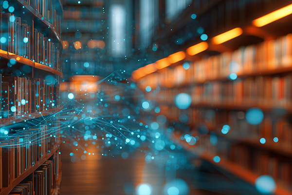 Library bookshelves with warm orange light and glowing blue digital data streams across the foreground.