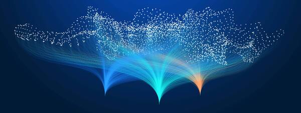 White dots form an abstract wave on a dark blue background. Numerous thin blue, turquoise, and orange lines fan out from three bright points below, connecting to the dots above.
