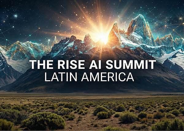 A futuristic mountain landscape with blue/gold network lines, bright sunburst, and starry sky. Text: THE RISE AI SUMMIT LATIN AMERICA.