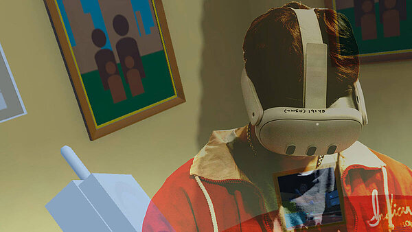A graphic shows a young man in a VR headset superimposed on a vr scene with a phone and images that are supposed to represent family photos on the wall