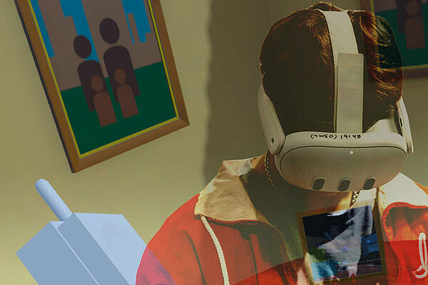 A graphic shows a young man in a VR headset superimposed on a vr scene with a phone and images that are supposed to represent family photos on the wall