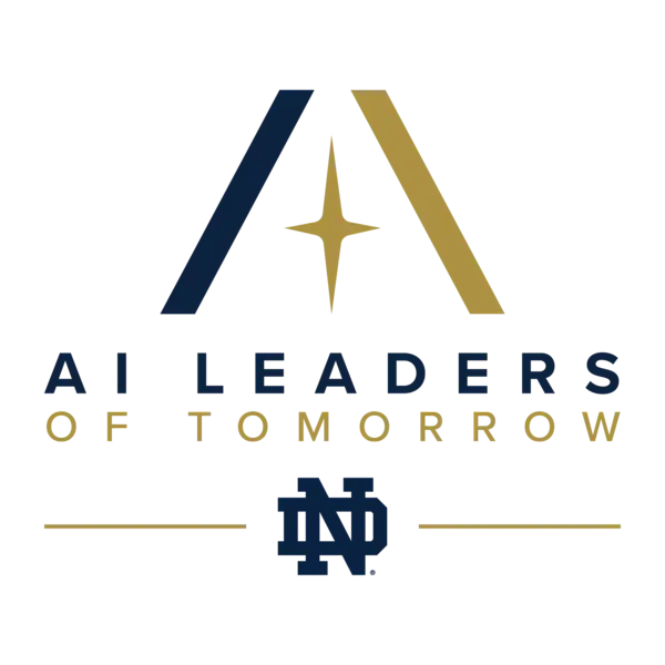 Dark blue and gold "A" logo with a star, text "AI LEADERS OF TOMORROW" and the Notre Dame ND logo.